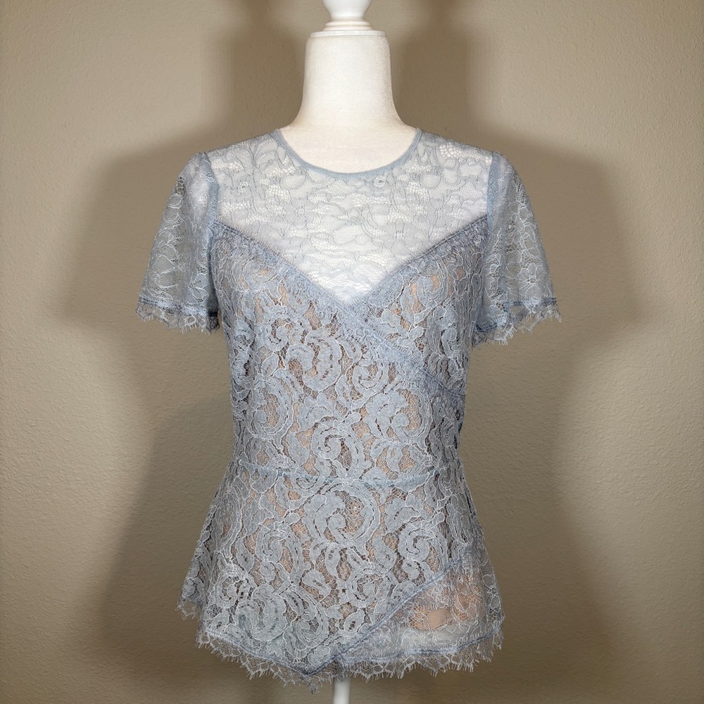 BCBGMaxAzria Lace Overlay Cindee Top in Light Blue Size Small